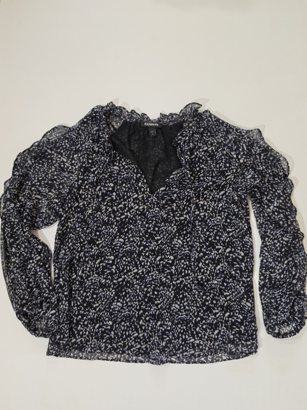 Express Cold Shoulder Blouse Womens XS Navy Blue White Abstract Business Casual